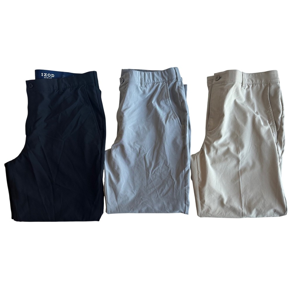 IZOD Golf Men's 38x30 Performance Pants Bundle Black Gray Khaki Stretch Lot of 3